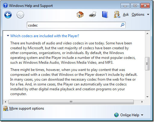 Windows Media Player supports video code