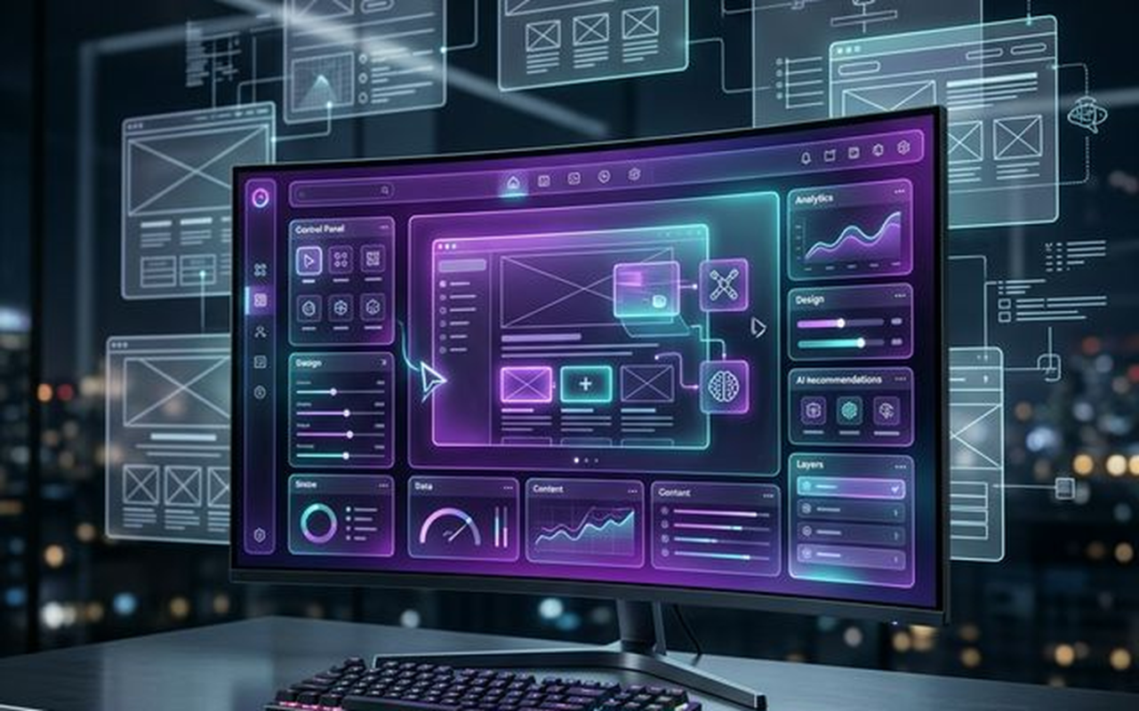 Sleek 2026 AI website builder dashboard with glassmorphism UI.