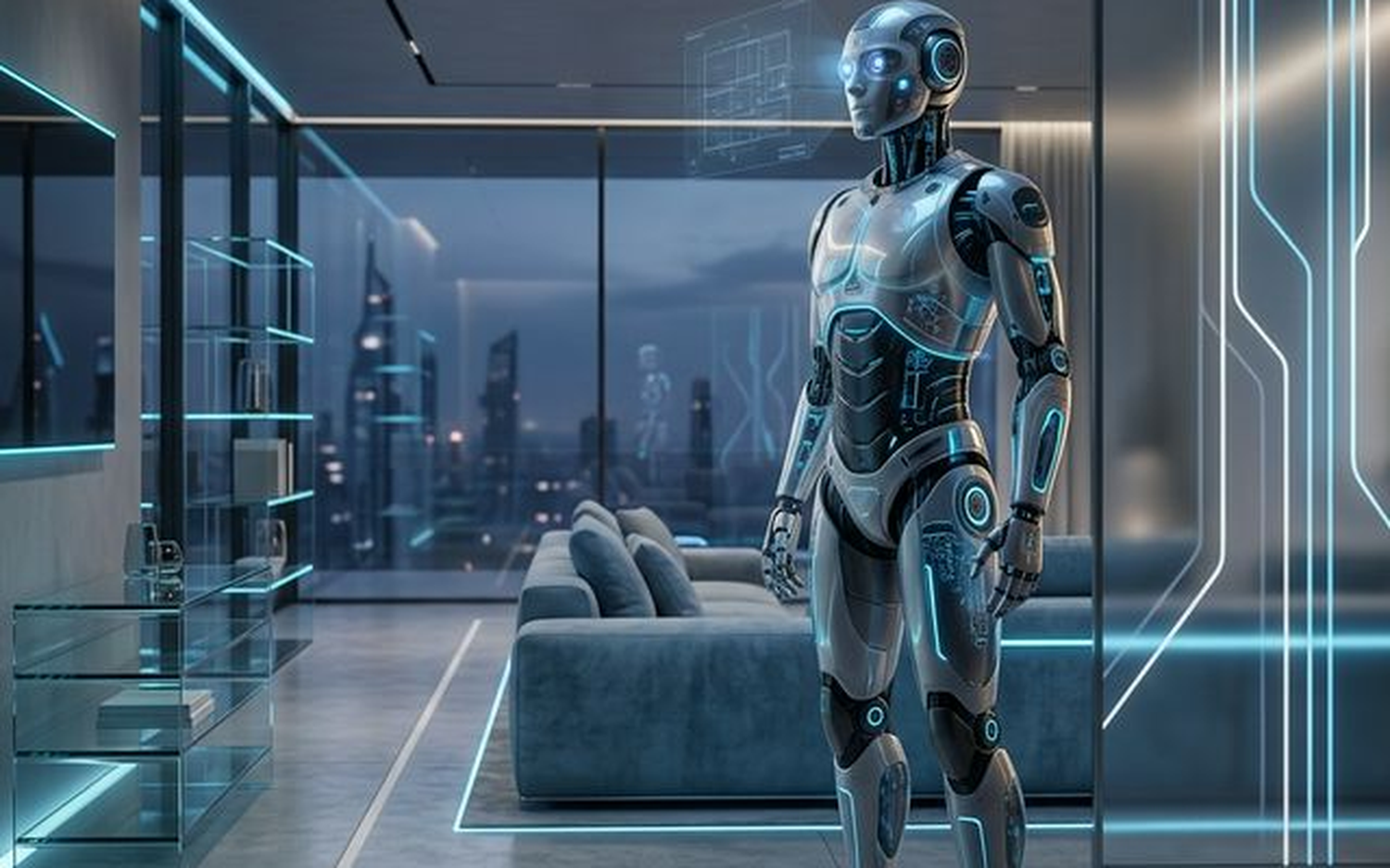 Figure Helix 02 AI model powering humanoid robot in living room.