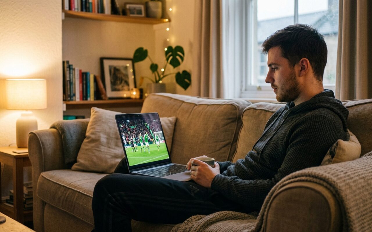 Young man watching live football match on laptop at home, free sports streaming on screen, warm living room
