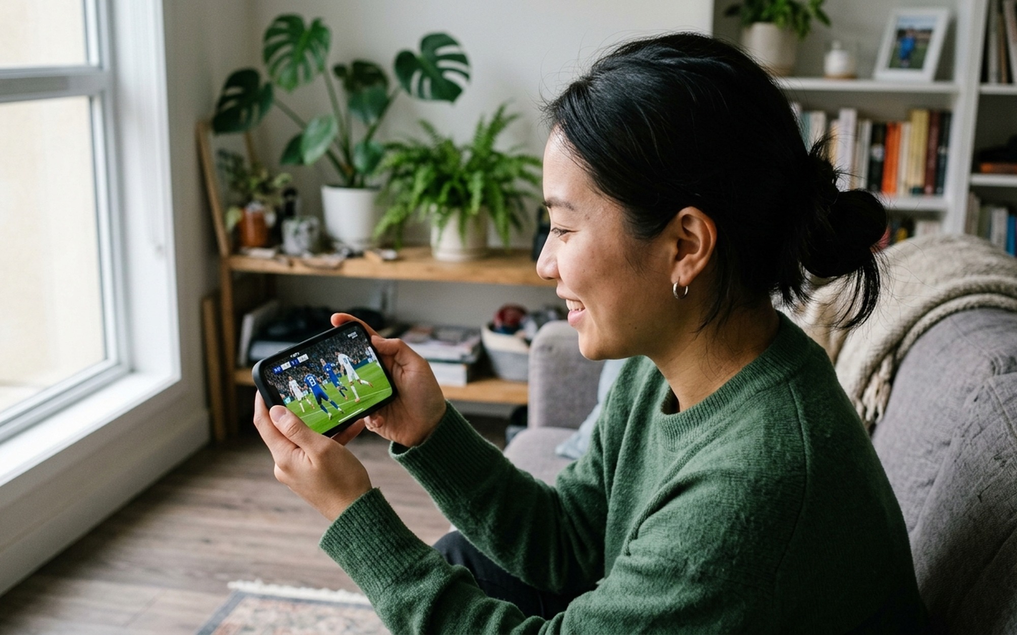 Woman checking live sports stream on smartphone mobile free sports streaming app