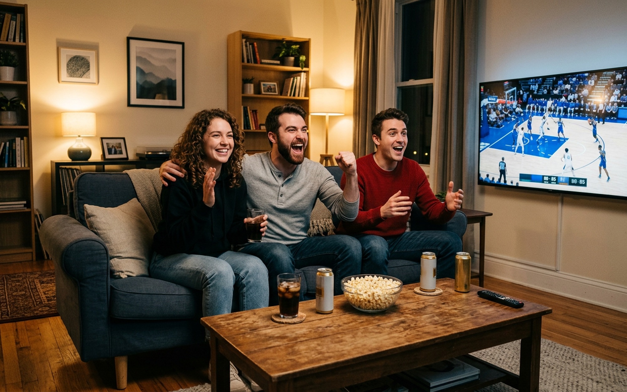 Friends watching basketball game on smart TV together free legal sports streaming at home