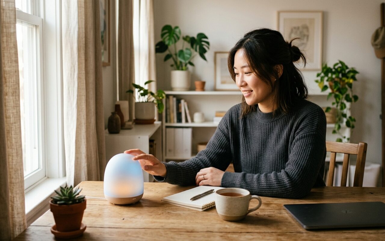 Young Asian woman at a cozy home desk interacting with a soft-glowing AI companion device, warm window light, shallow depth of field, no logos, no text