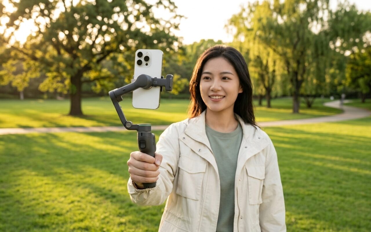 DJI Osmo Mobile 8P phone gimbal with detachable remote control screen for solo vlogging outdoors