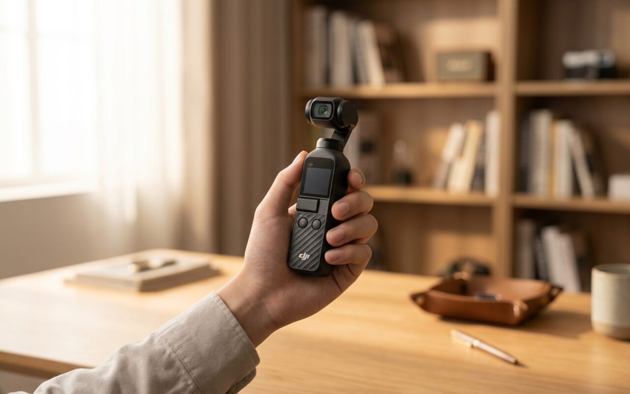 DJI Osmo Pocket 4 gimbal camera held in hand against a warm indoor background, showing the 1-inch sensor and compact form factor