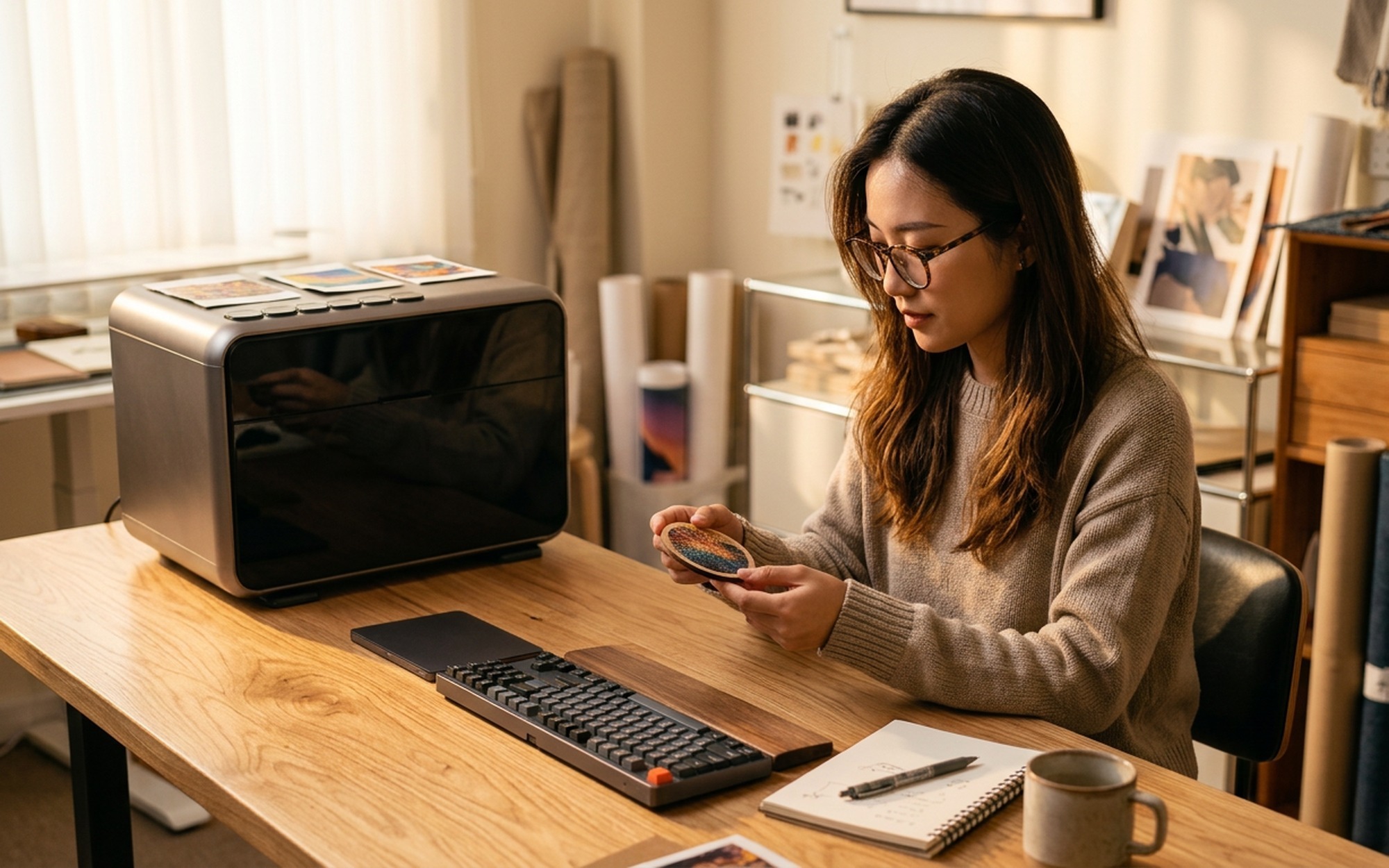eufyMake E1 desktop UV printer printing a textured design on a wooden phone case in a modern studio workspace.