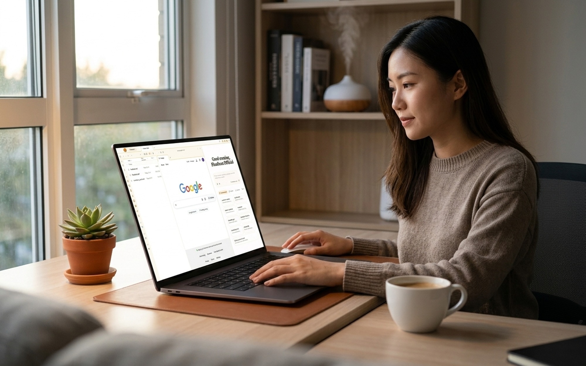 Young Asian woman using Floatboat AI agent-native workspace on laptop showing multi-panel interface with file manager browser and AI chat panel