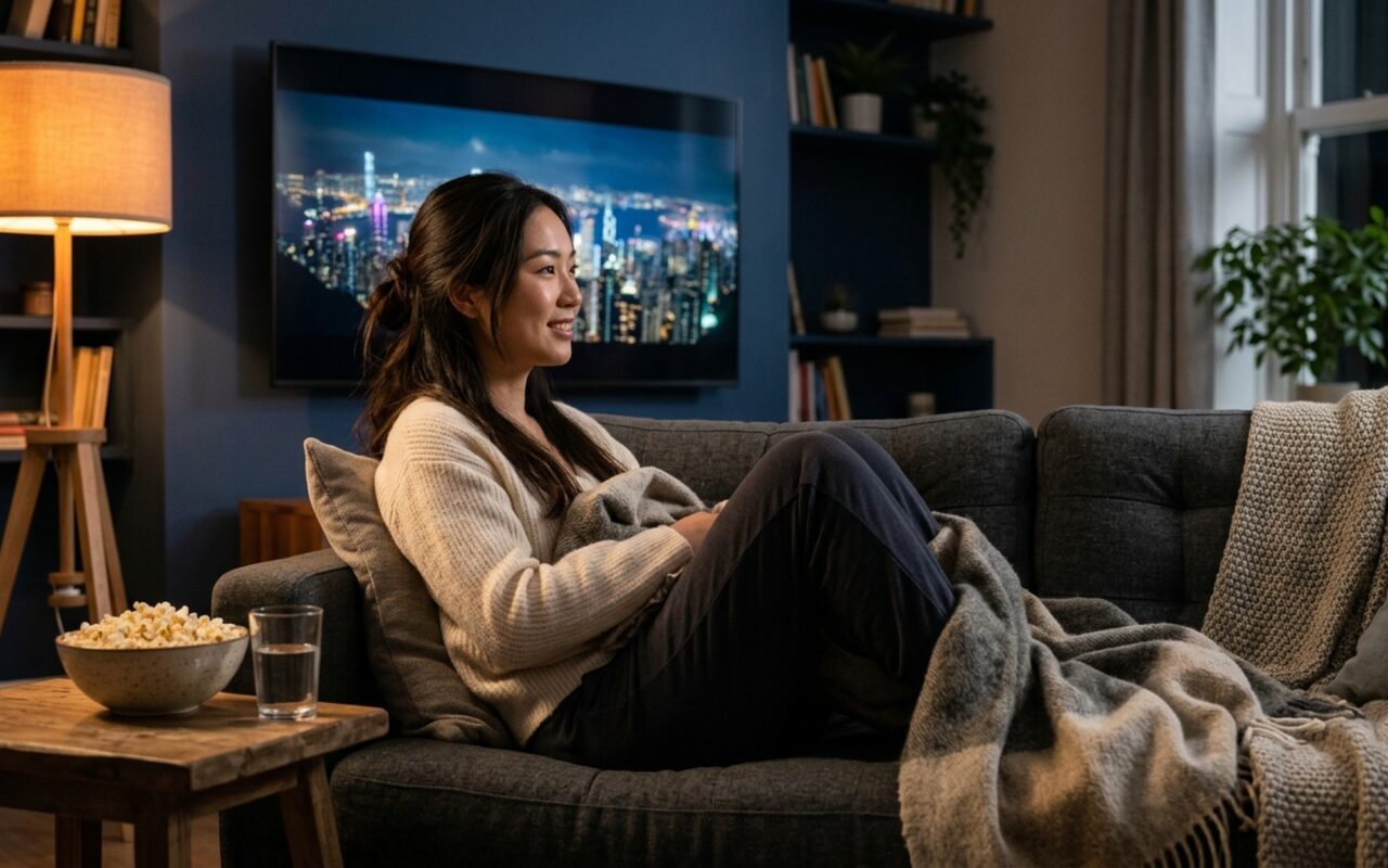 young woman relaxing on sofa watching a movie on a large smart TV screen in a cozy evening living room with warm lamp light