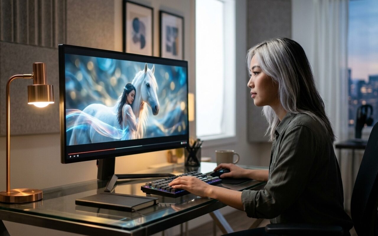 HappyHorse 1.0 AI video generation in use on a creative workstation with cinematic playback visible on screen