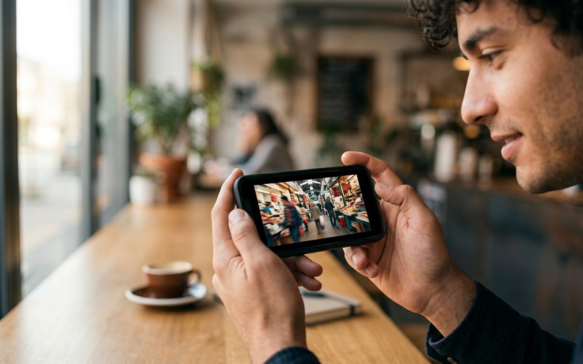 Using the Qwen app on a smartphone to generate AI video with HappyHorse 1.0 at a cafe