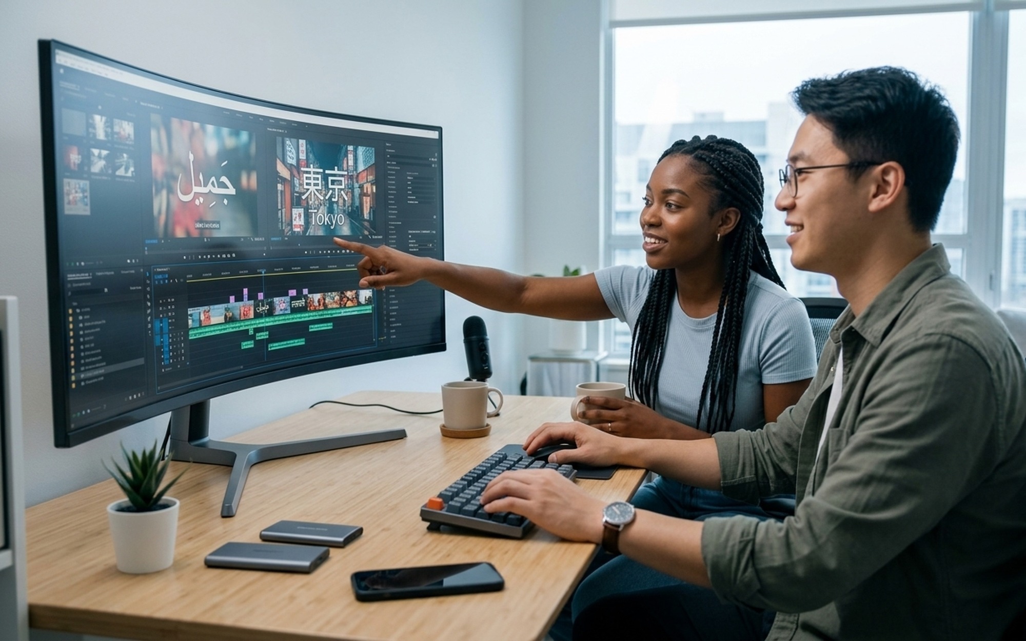 Two content creators reviewing multilingual AI video output from HappyHorse 1.0 on a desktop workstation