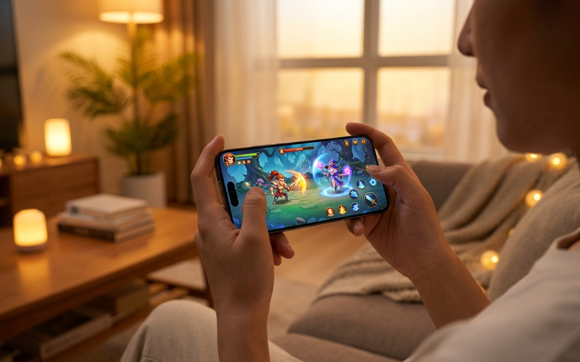 Young woman gaming on Huawei Mate 80 Pro Max Wind Edition on sofa showing sustained gaming performance