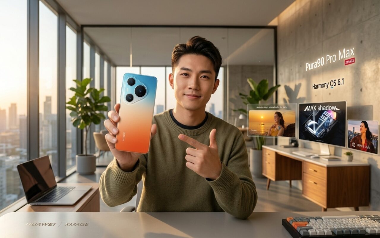 Huawei Pura 90 Pro Max rear panel showing triple camera array with 200MP periscope telephoto and XMAGE system in urban lifestyle setting