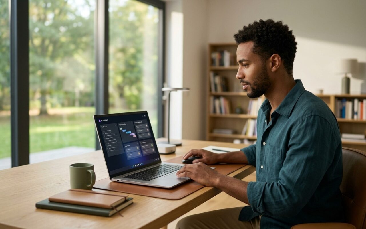 Young professional using Lenovo laptop with AI agent interface displayed on screen in a modern home office setting with natural window light
