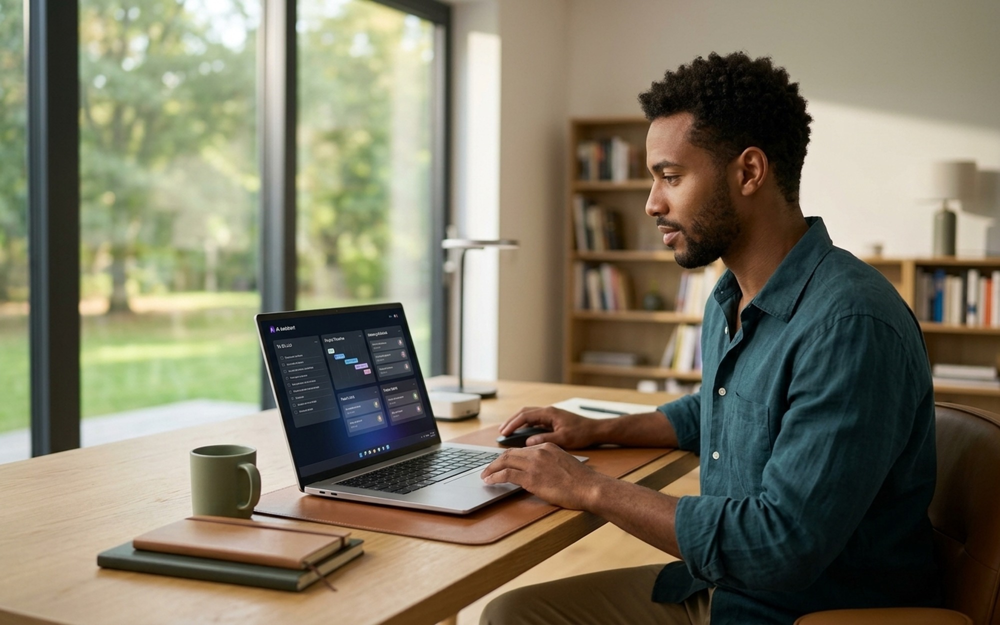 Young professional using Lenovo laptop with AI agent interface displayed on screen in a modern home office setting with natural window light