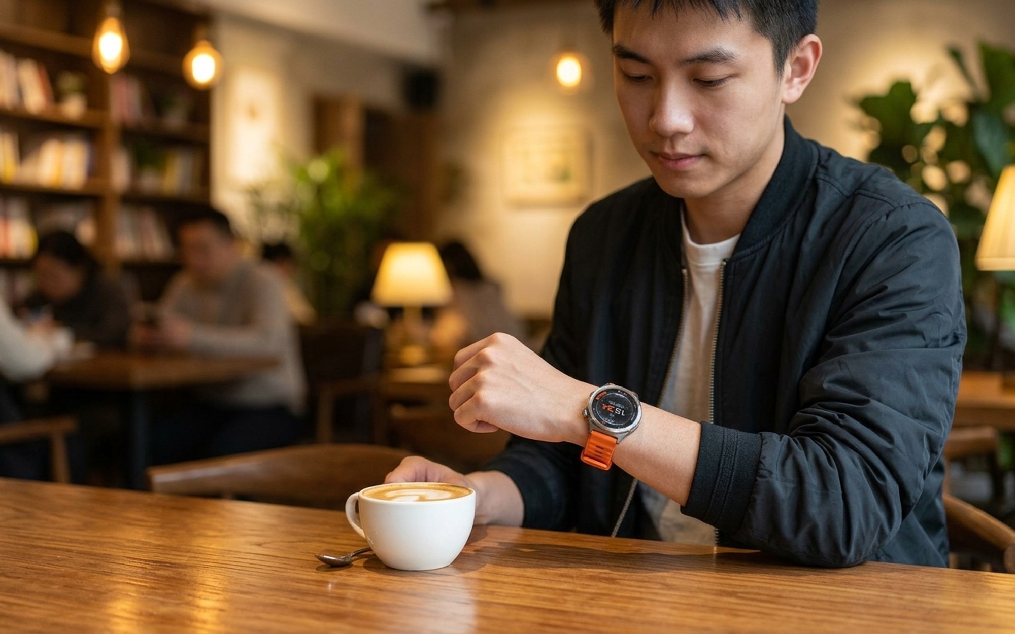 Young man in a warm cafe checking OPPO Watch X3 with orange sport band on his wrist beside a latte