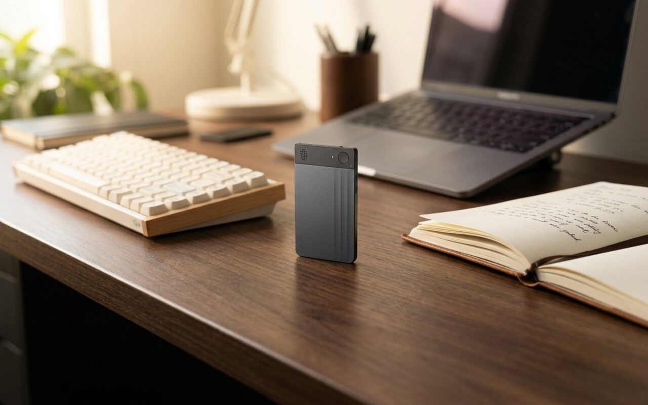Plaud Note AI voice recorder held in hand during a business meeting, ultra-slim credit-card design visible, no logos