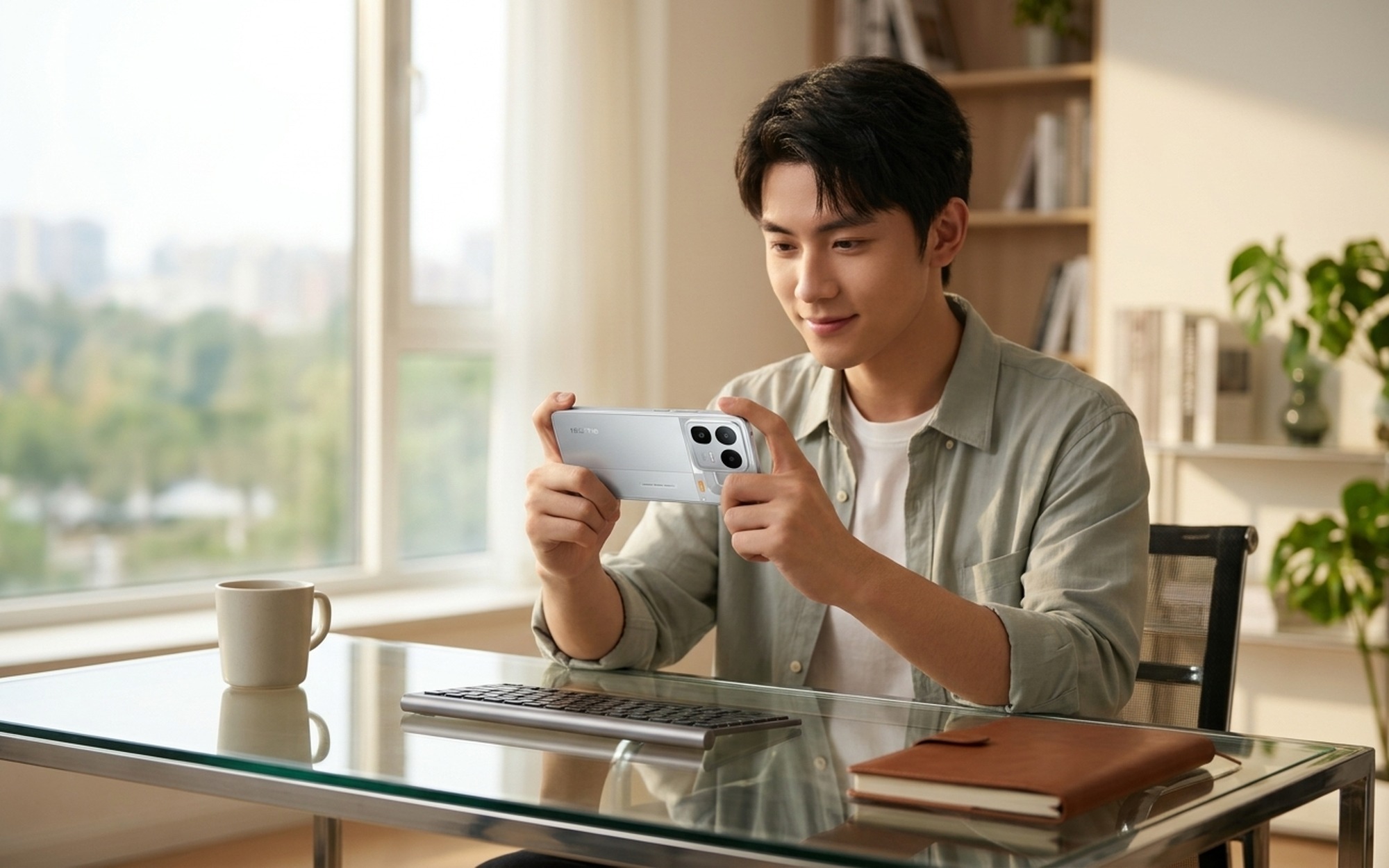 Realme Neo8 gaming phone held by a young man at a desk showing transparent back design and Awakening Halo LED ring, best gaming phone under 400 dollars 2026