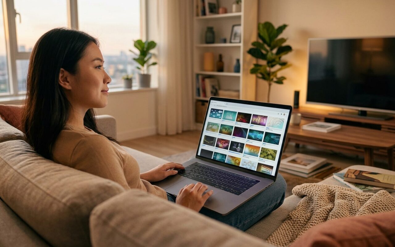 Young woman browsing and downloading videos on a laptop in a cozy modern apartment living room