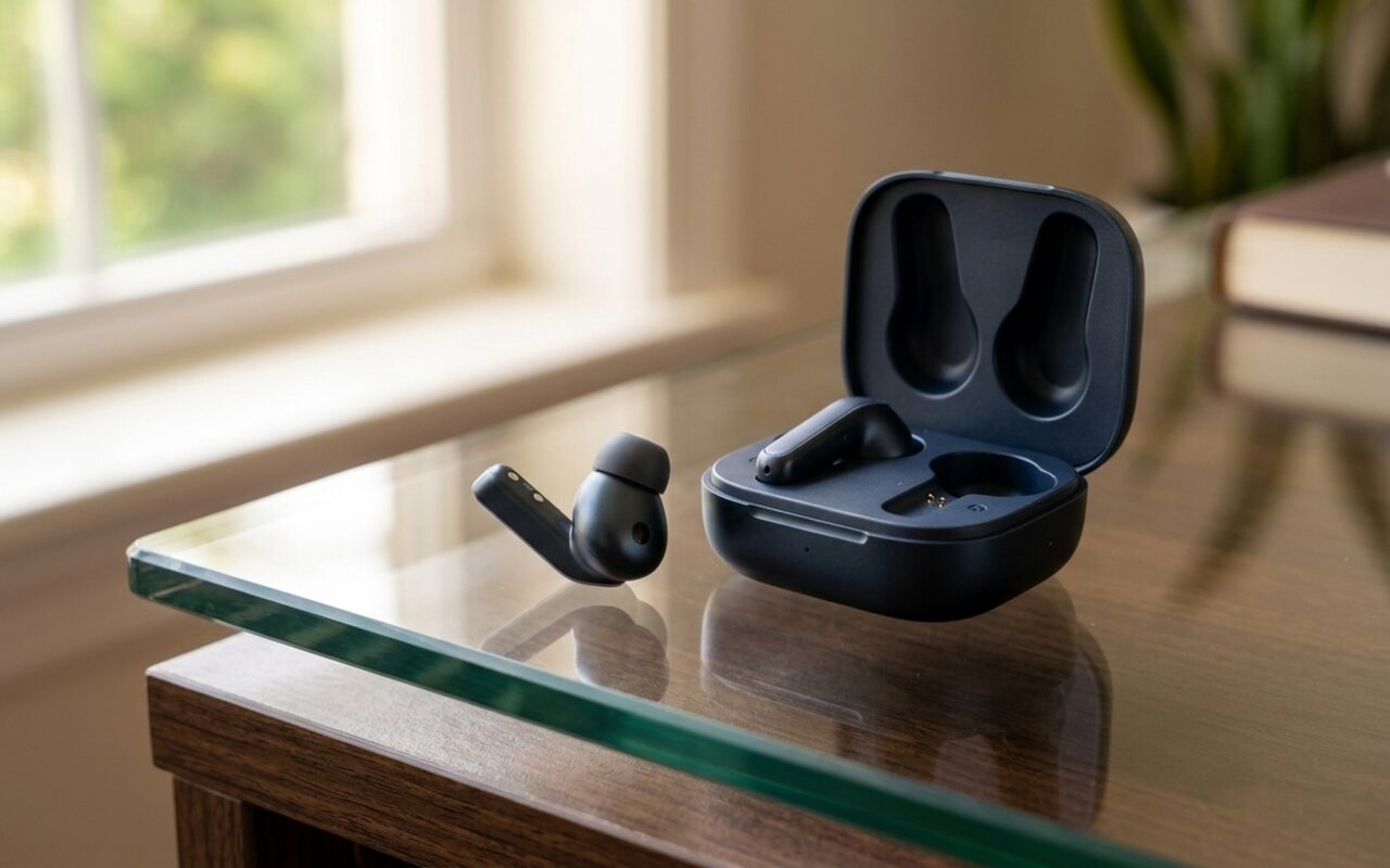 Samsung Galaxy Buds4 Pro in Deep Space Gray colorway resting on a modern glass desk with the charging case open beside them, natural window lighting