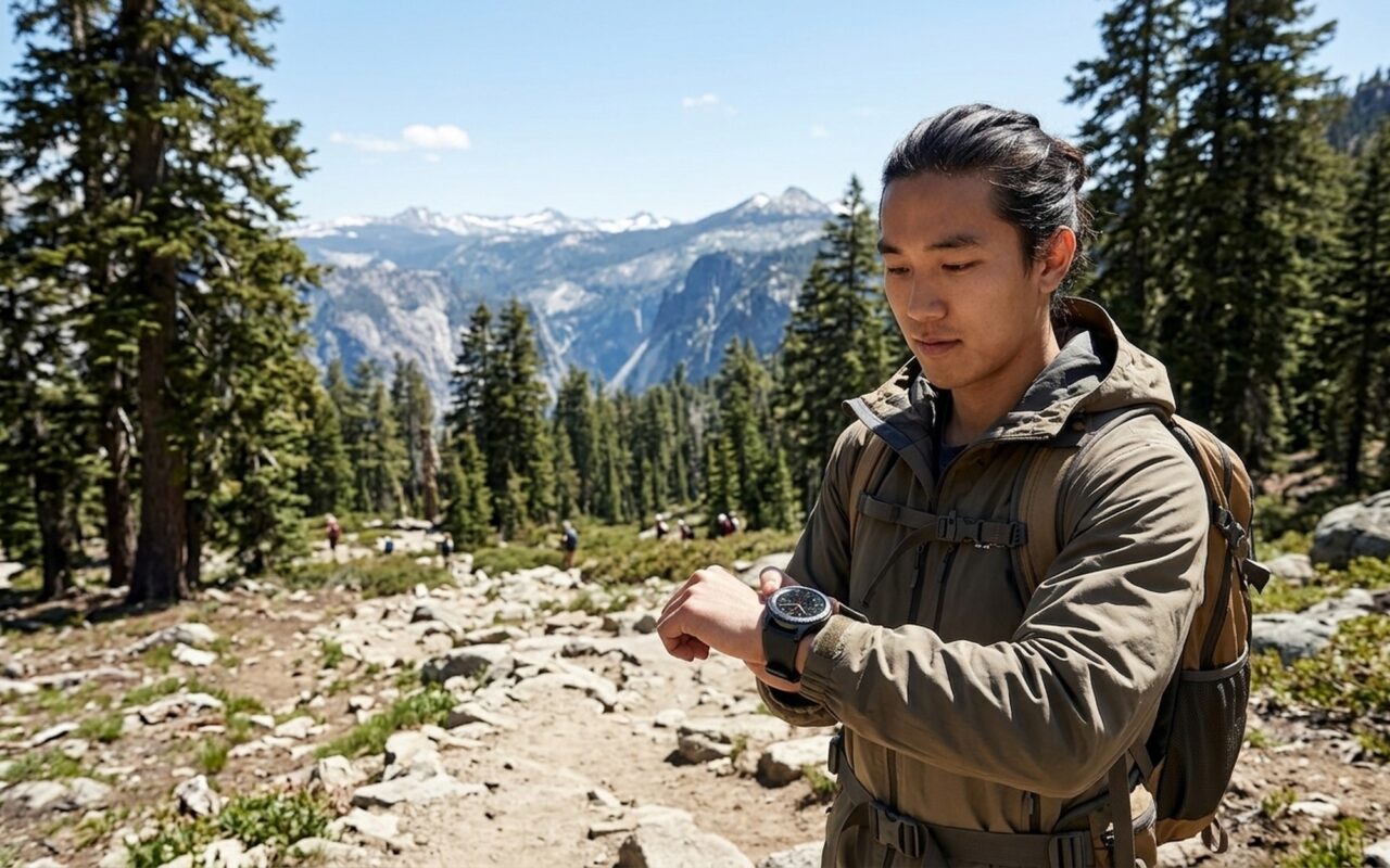 Samsung Gear S3 Frontier rugged smartwatch worn on wrist outdoors showing AMOLED display