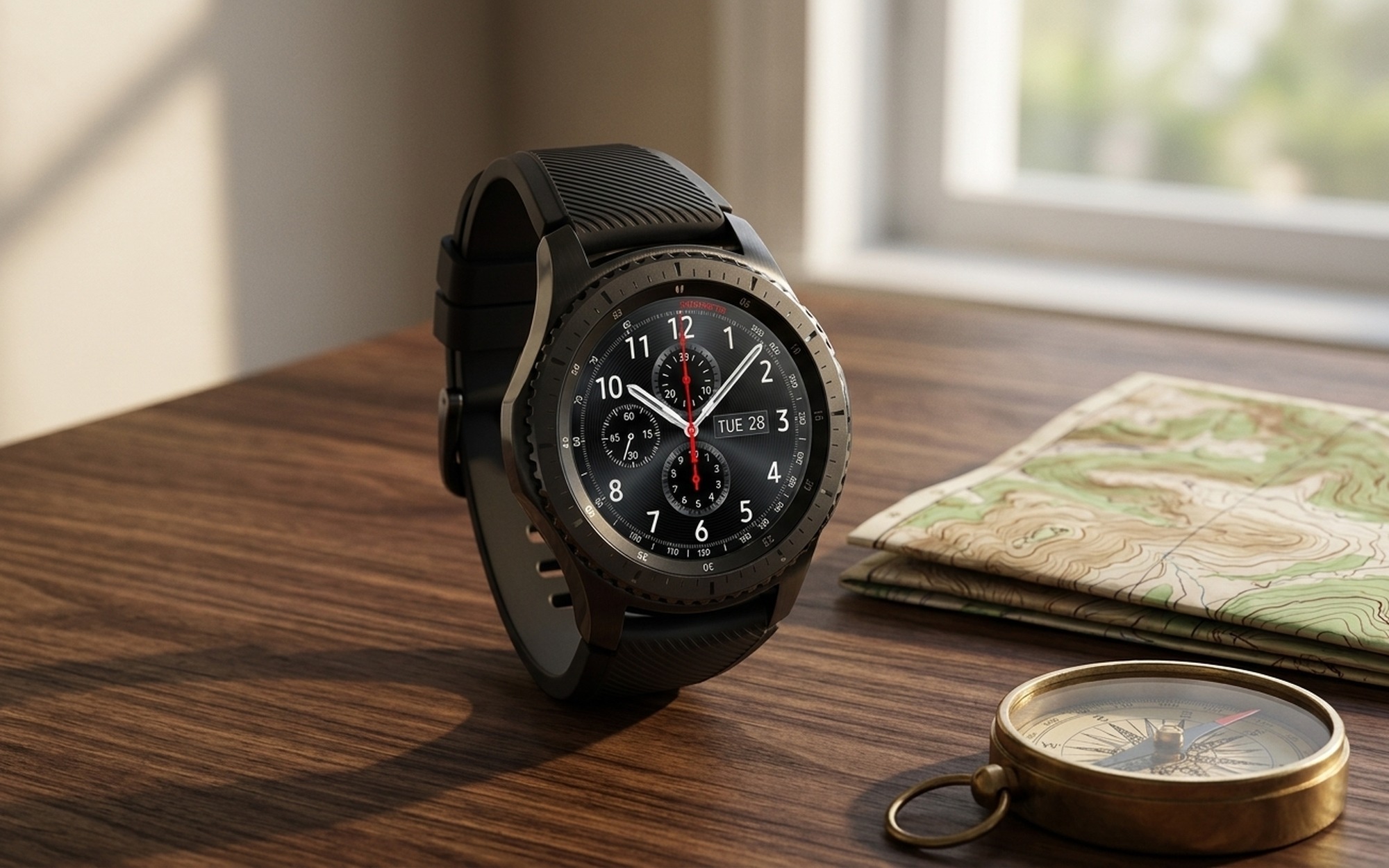 Samsung Gear S3 Frontier smartwatch close-up of 1.3-inch AMOLED display and stainless steel case