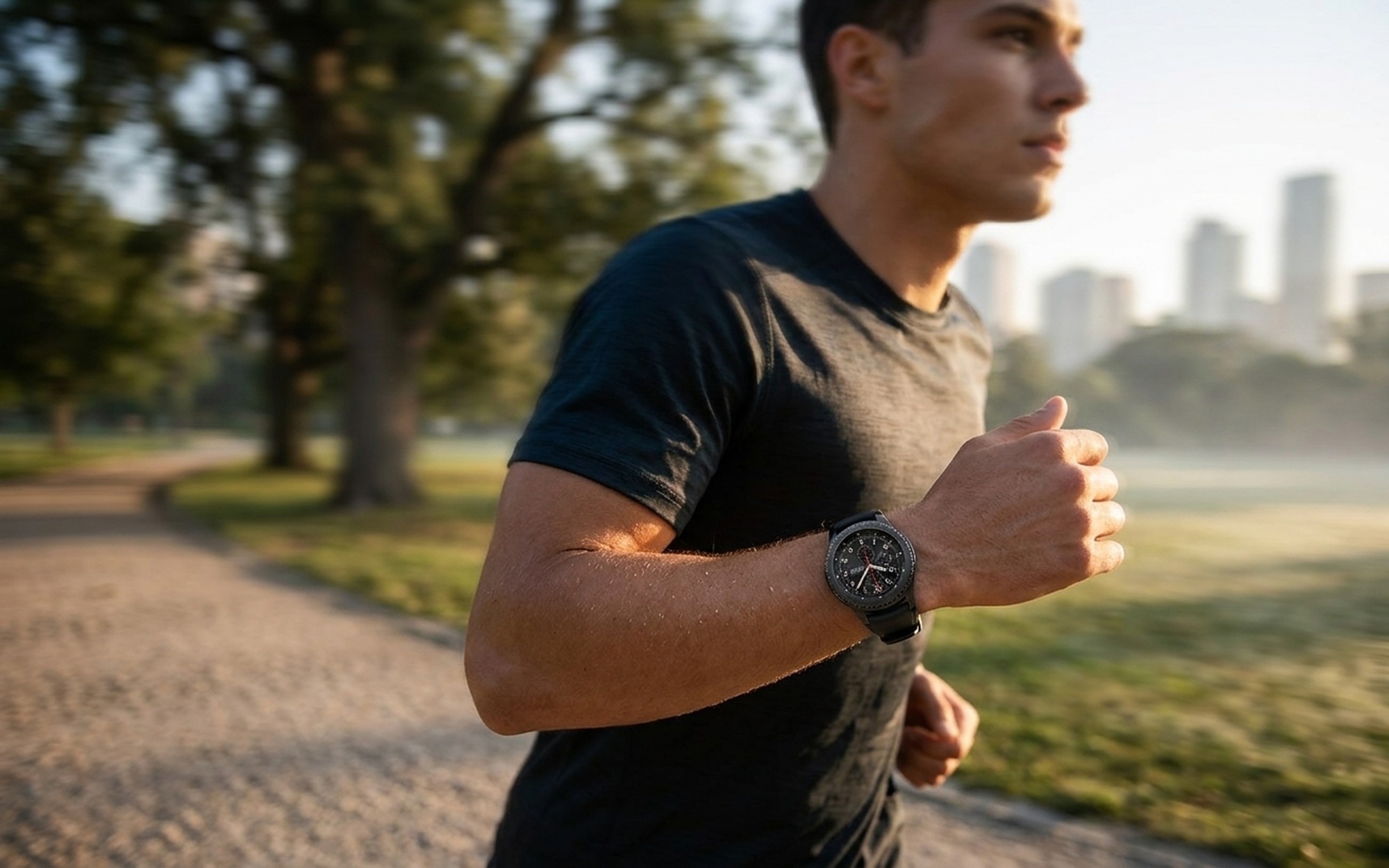 Samsung Gear S3 Frontier worn during outdoor activity showing fitness tracking and GPS features
