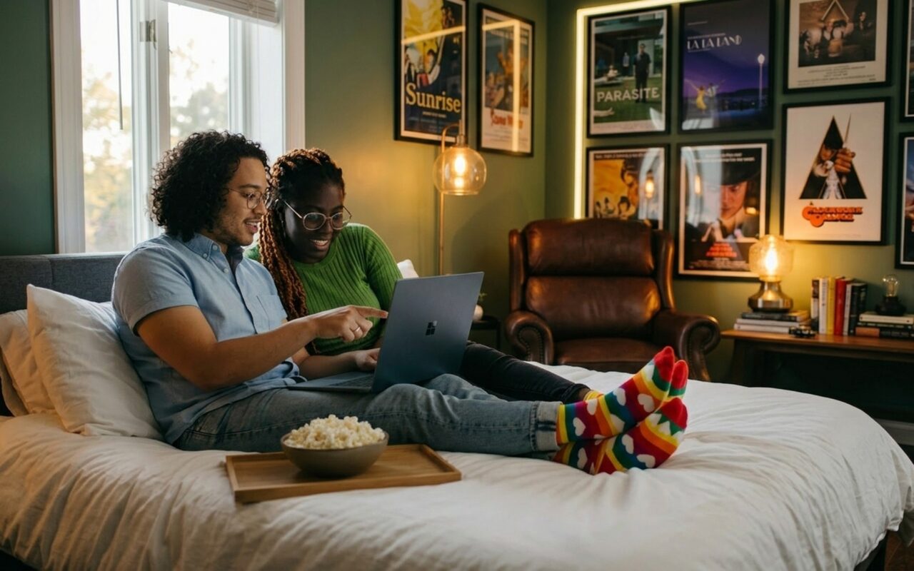 Person browsing a movie database website on a laptop in a dimly lit living room with film posters in the background