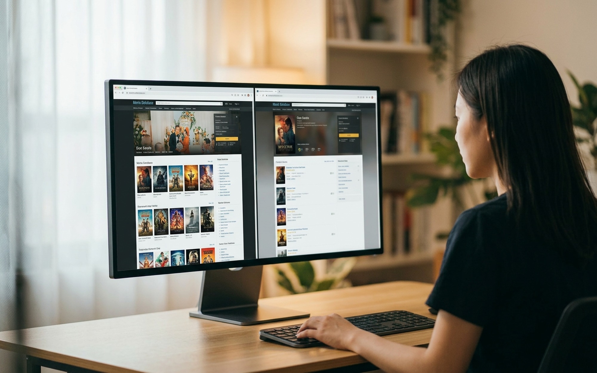 Young woman at a home office desk comparing two movie database websites on a widescreen monitor with soft window light