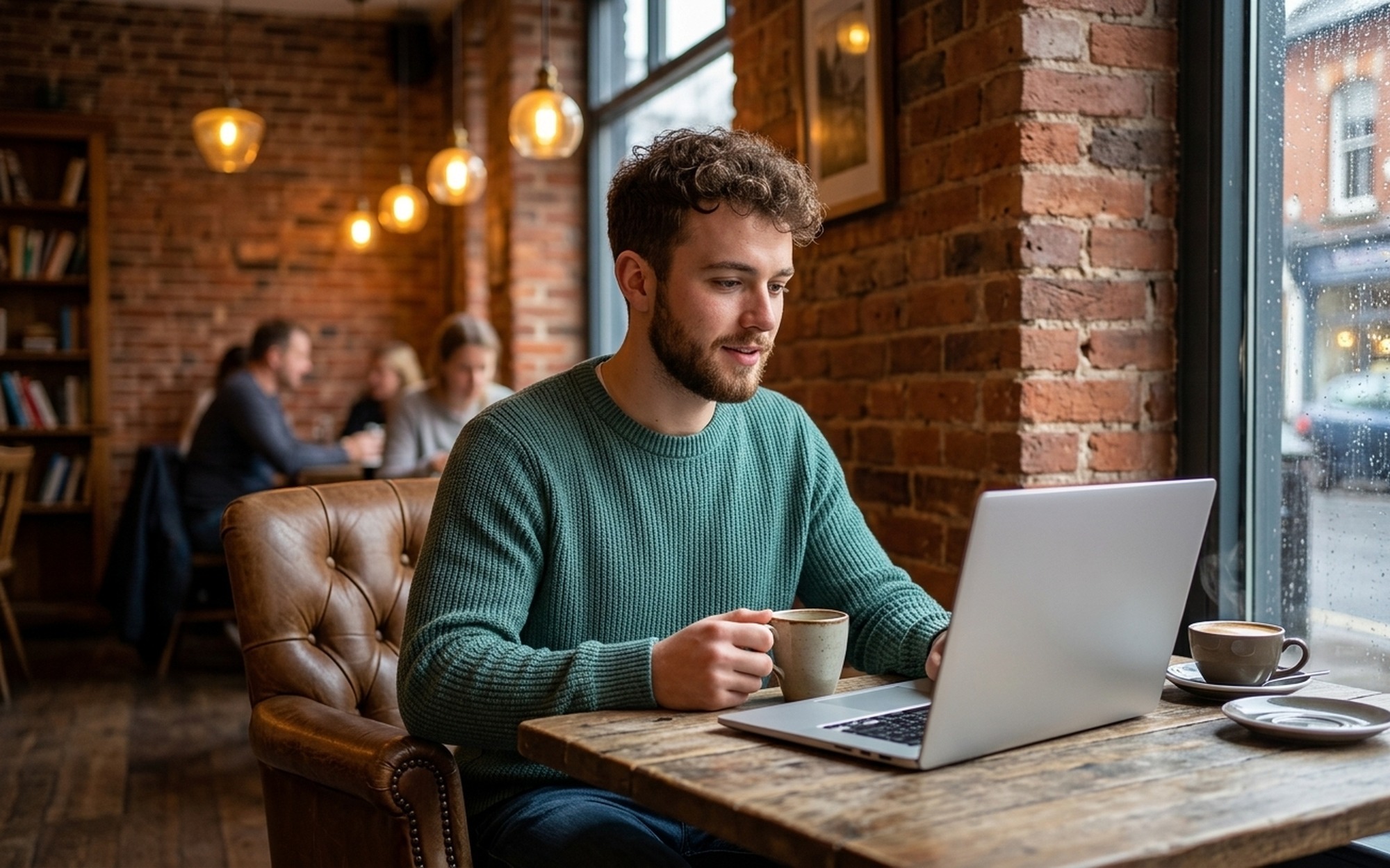 User watching downloaded videos offline on a laptop in a café using SmallSEOTools free downloader