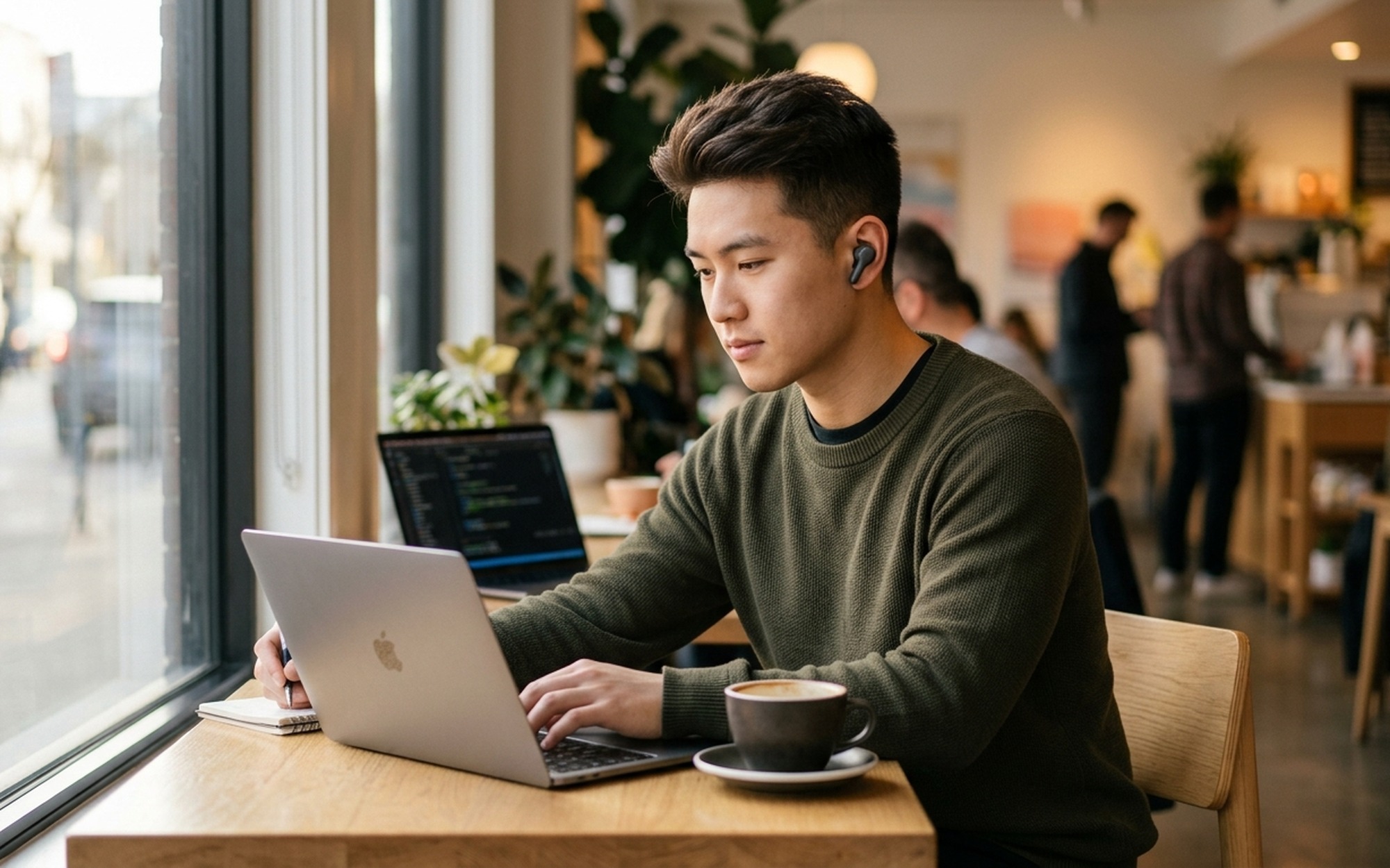 Sony WF-1000XM6 earbuds worn by a young Asian man at a modern café, soft warm ambient lighting, shallow depth of field, no logos