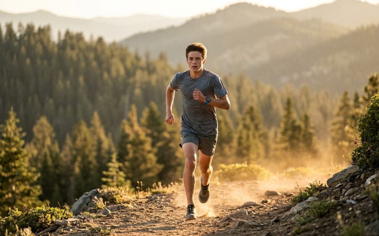 Suunto Spartan Sport GPS multisport watch worn on a male athlete's wrist during a trail run at golden hour, blue silicone strap, round touchscreen display