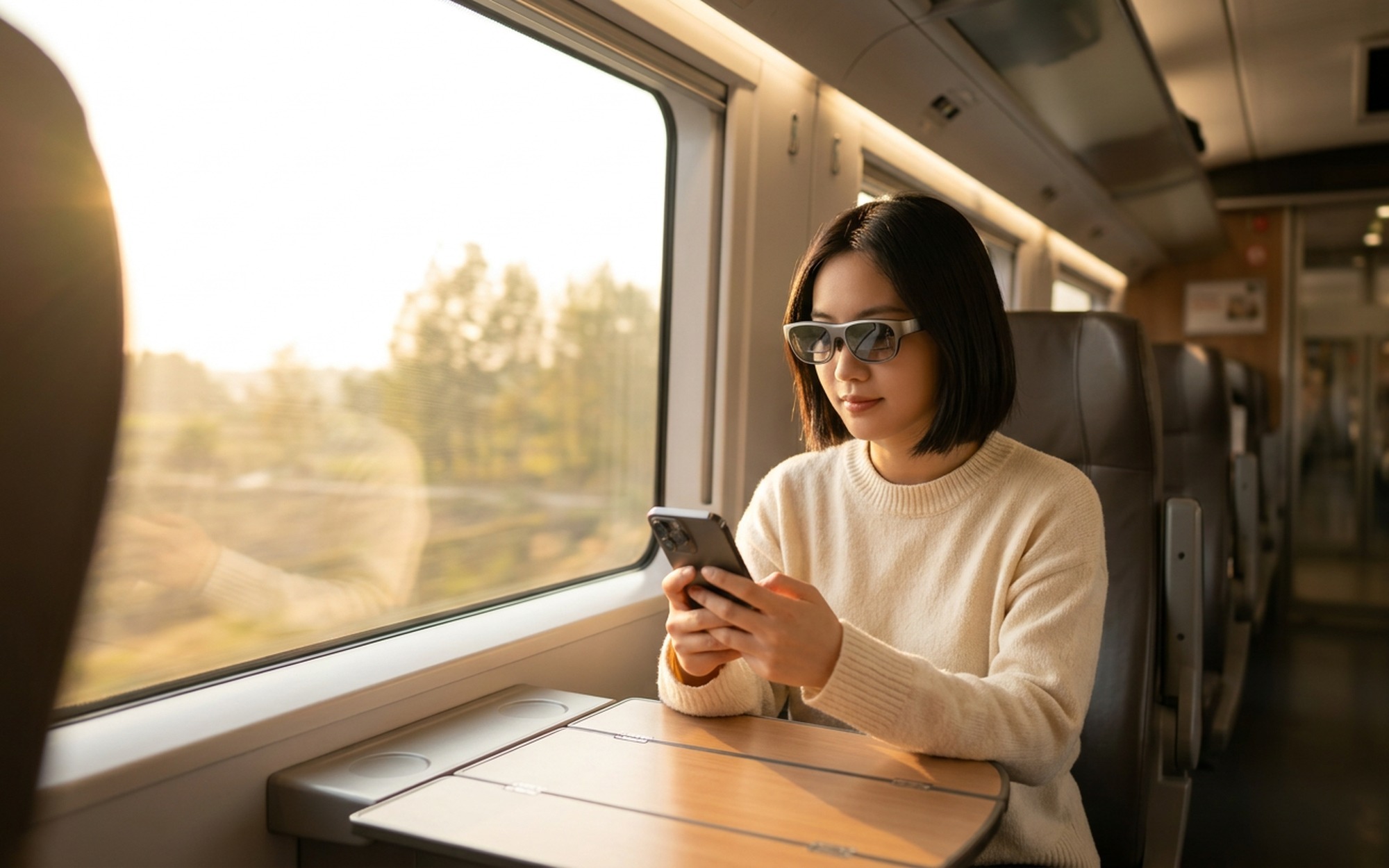 XREAL 1S AR glasses worn by a person commuting on a train, virtual screen visible in frame