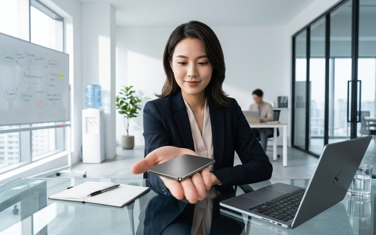 YoooClaw C-ONE AI voice recorder card device held in hand during a business meeting in a modern office