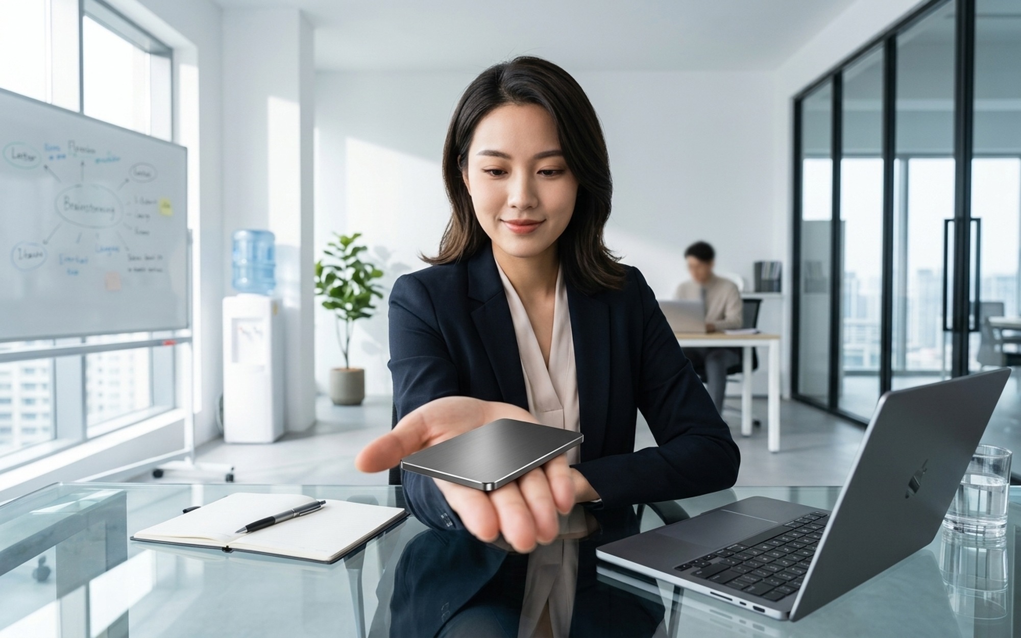 YoooClaw C-ONE AI voice recorder card device held in hand during a business meeting in a modern office