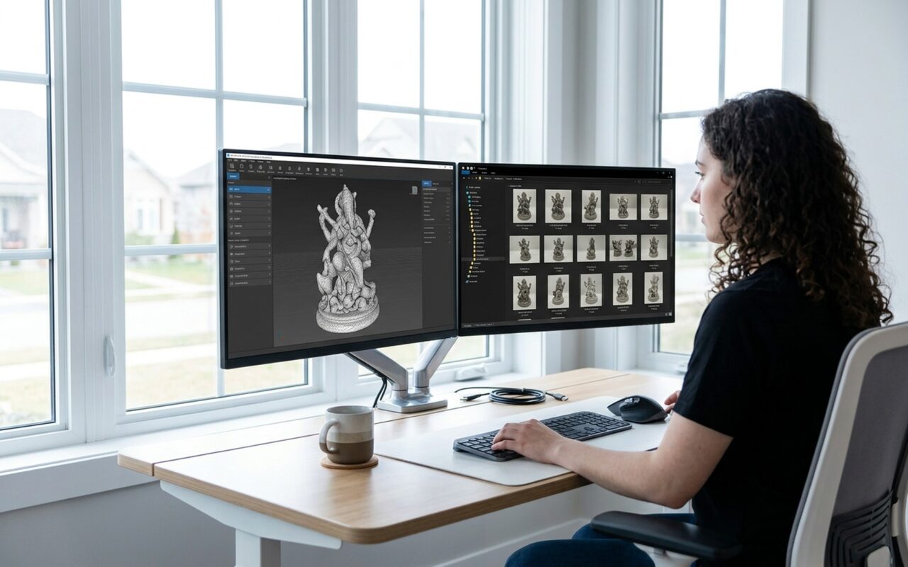 3D designer working at a dual-monitor workstation with a detailed photogrammetry mesh model displayed on screen alongside reference photos