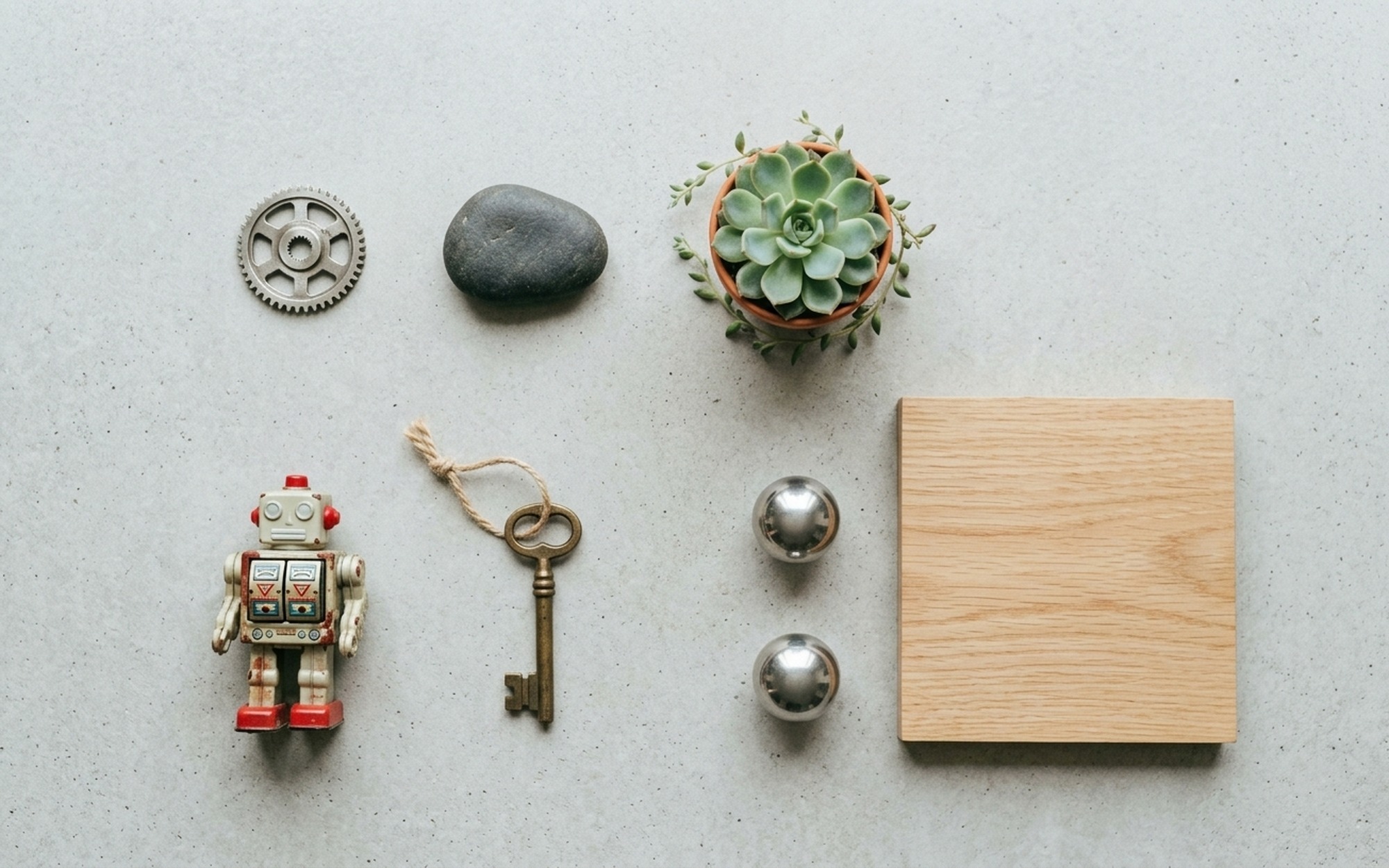 Overhead flat lay of small objects including a ceramic mug, mechanical gear, and toy figurine arranged on a light grey surface ready for photogrammetry scanning
