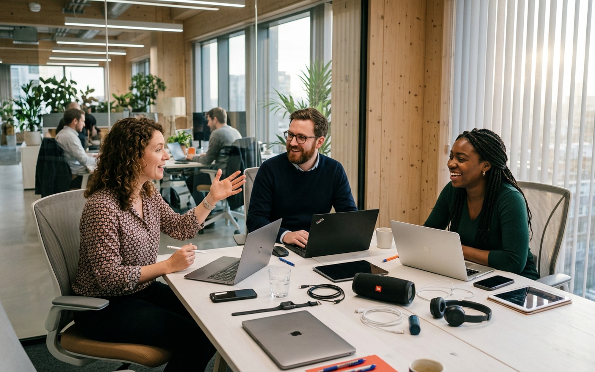 The Reviewstown editorial team discussing upcoming product reviews in their glass-walled meeting room