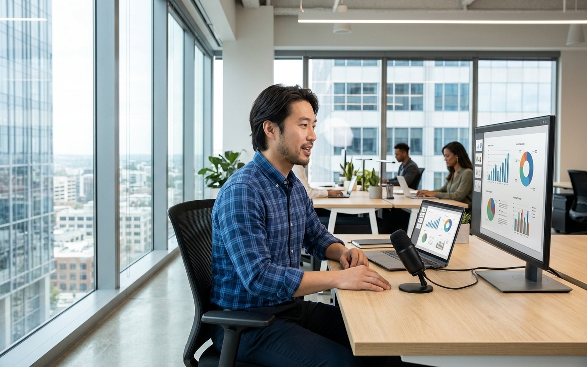 Asian man speaking into USB microphone at modern office desk, charts and presentation slides on monitor screen