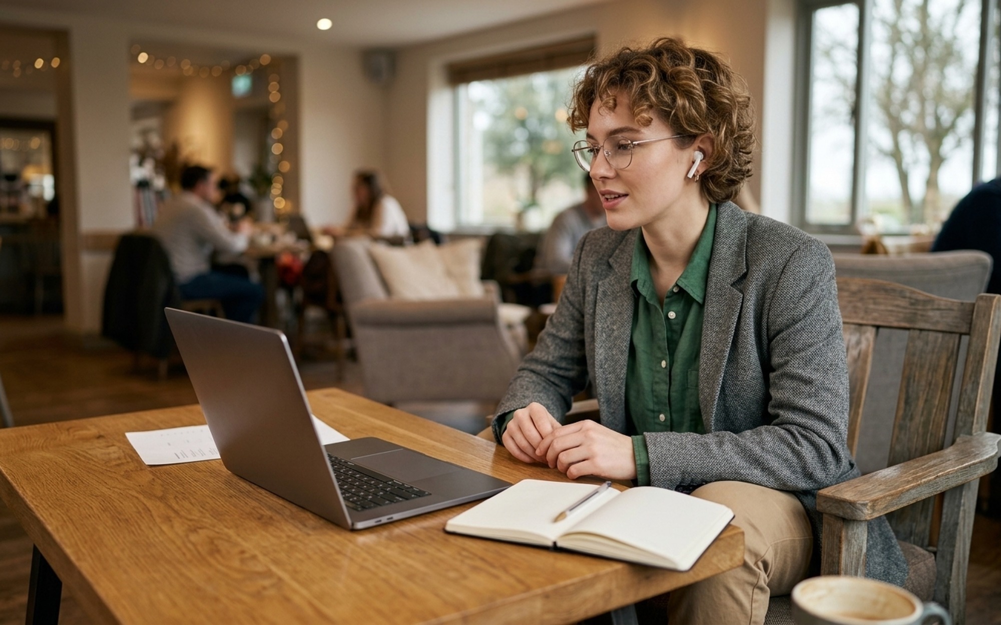 Woman with earbuds and glasses working on laptop with open notebook at coffee shop, using AI voice input for notes