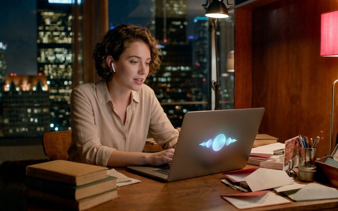 Woman wearing wireless earbuds using AI voice input on laptop at home office desk at night with glowing voice waveform on screen