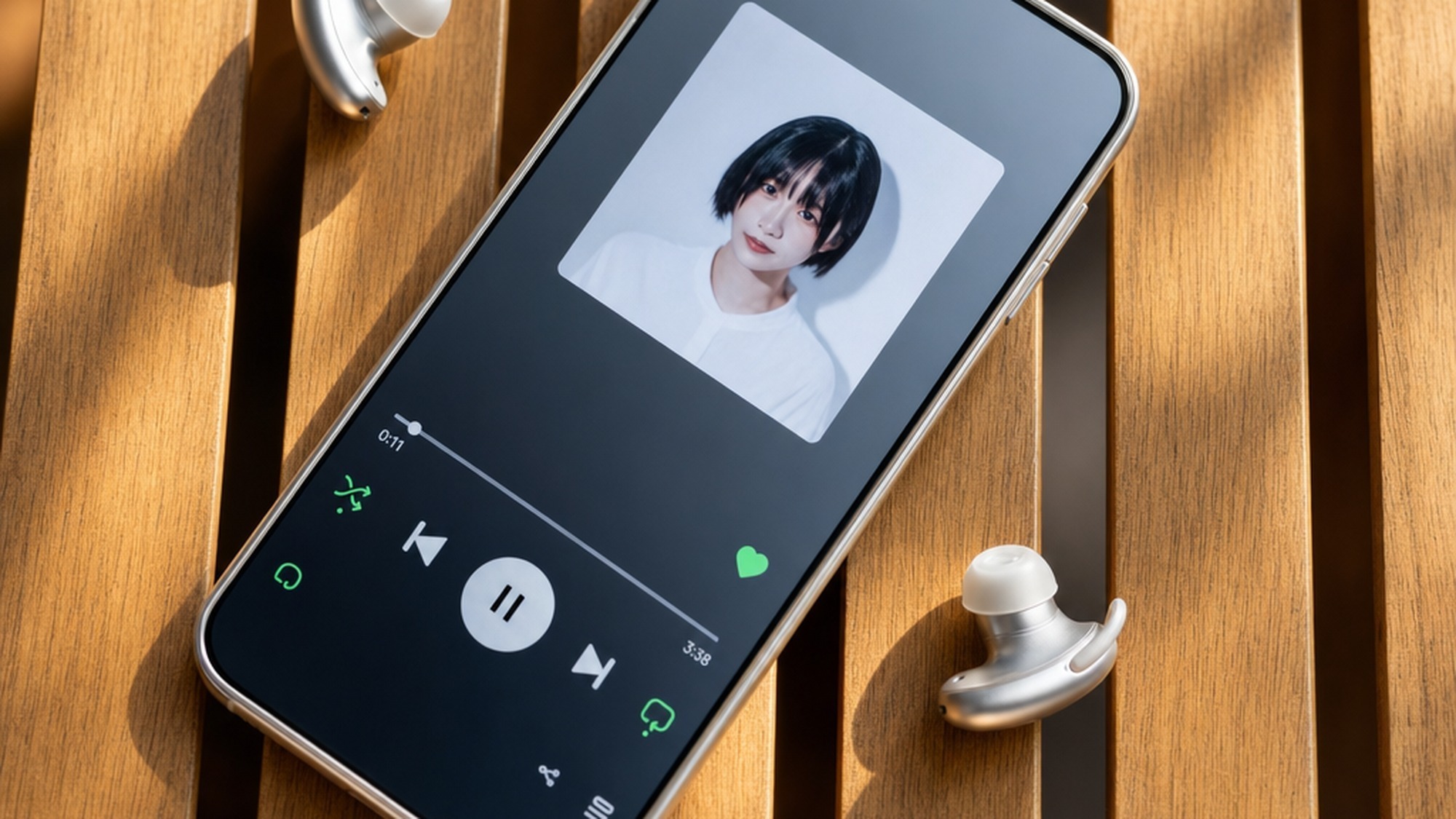 Close up of Anker Soundcore Liberty 5 Pro Max silver earbud worn during a phone call in a daylit indoor space