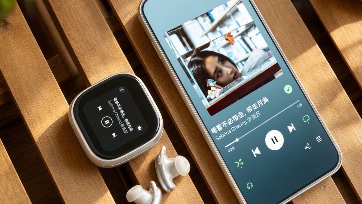 Anker Soundcore Liberty 5 Pro Max earbuds beside the screen-equipped charging case and a smartphone on a wooden cafe table