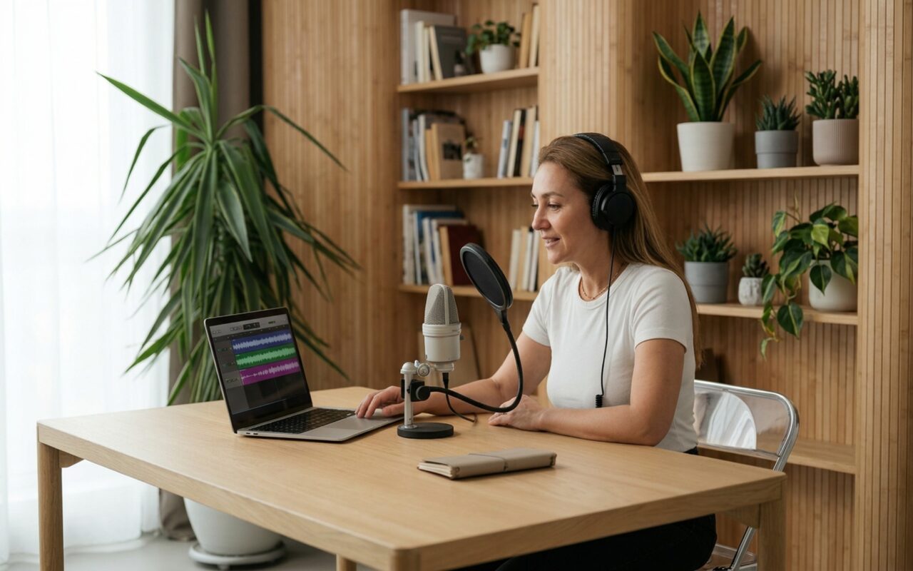 Person at a desk with headphones on recording audio on a laptop in a quiet home studio setup