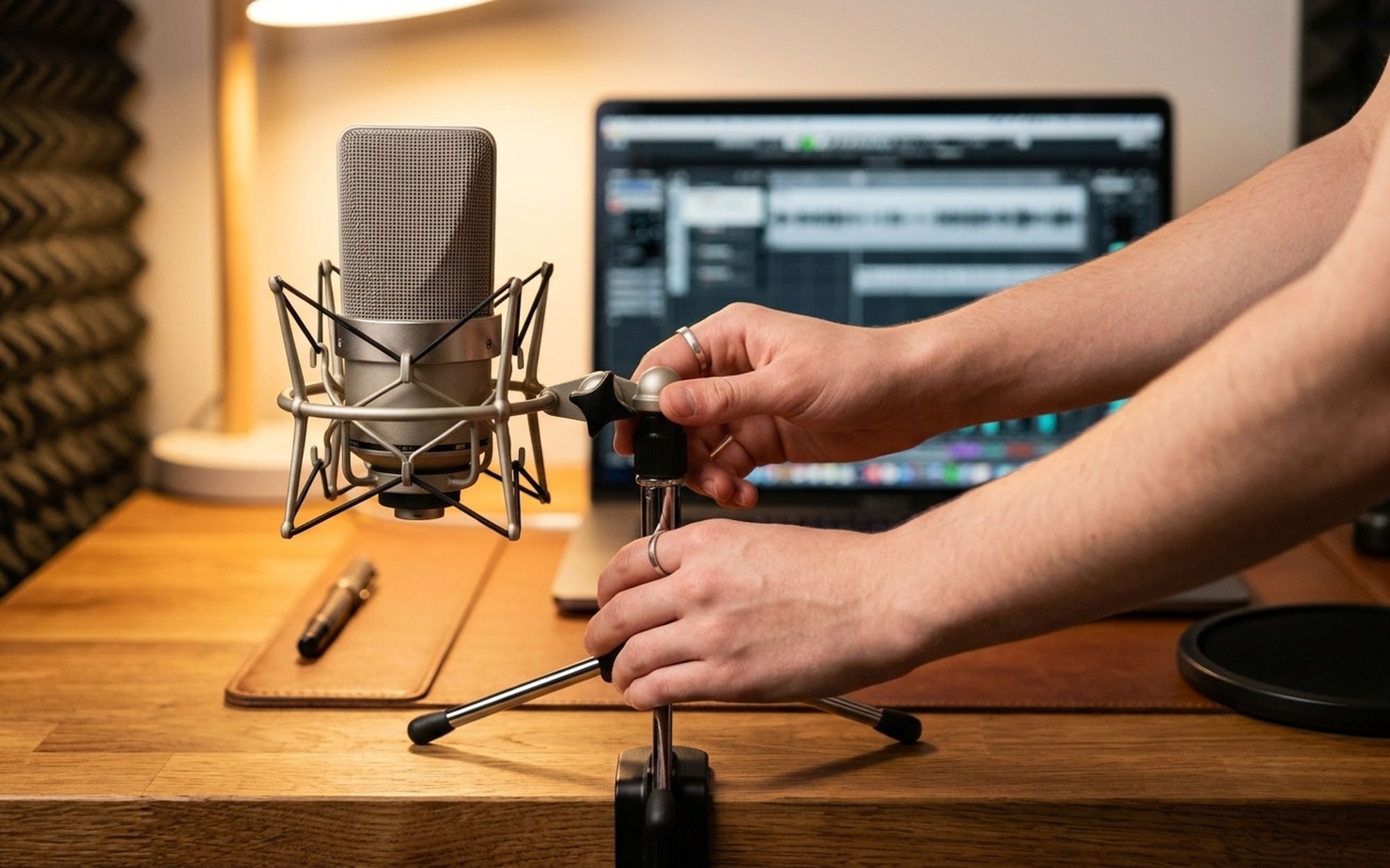Close-up of hands adjusting audio recording settings on a laptop showing waveform on screen