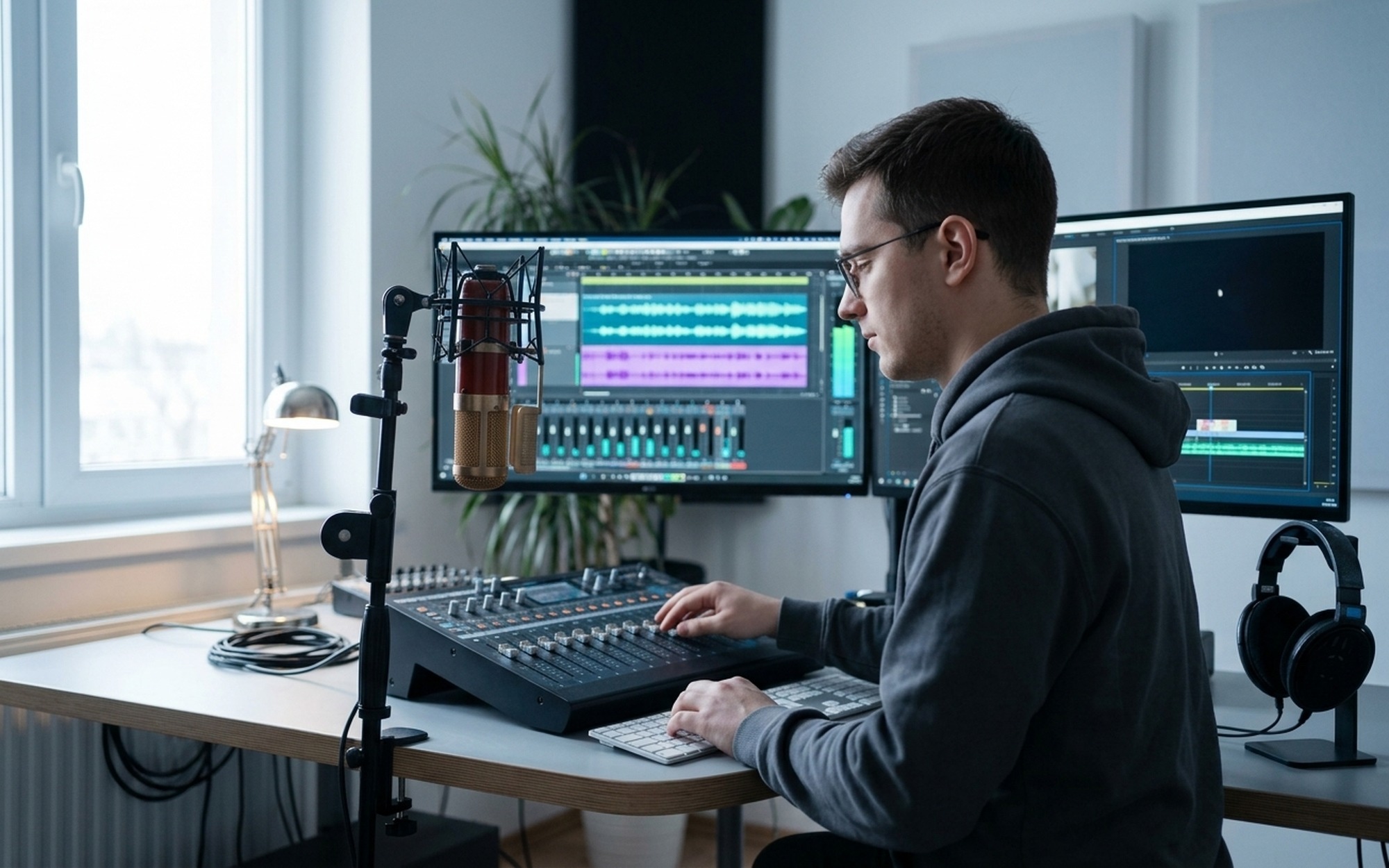 Wide shot of a home studio desk setup with microphone headphones and dual monitors showing audio software