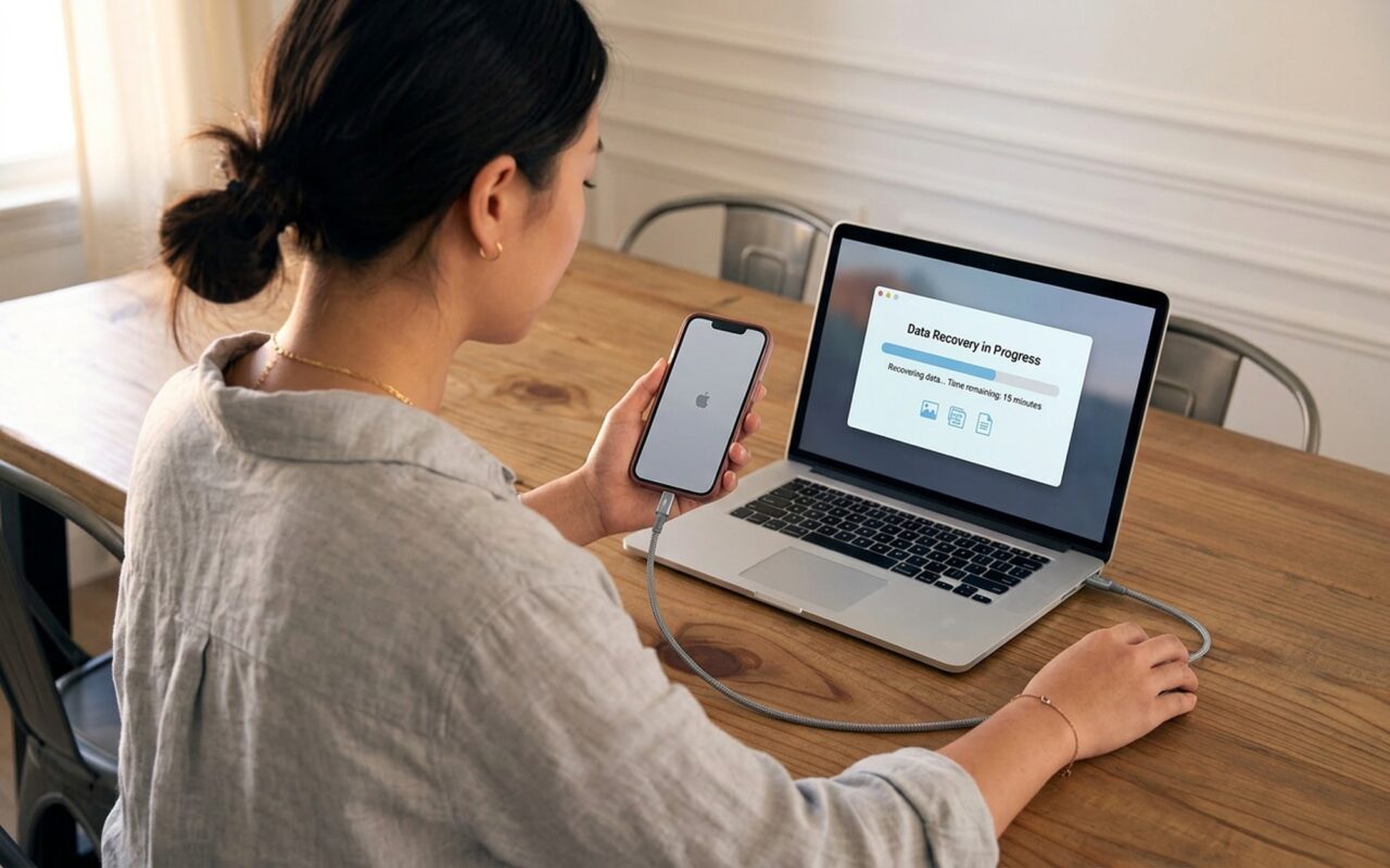 Person connecting iPhone to laptop with USB cable running iPhone data recovery software to restore deleted photos and messages