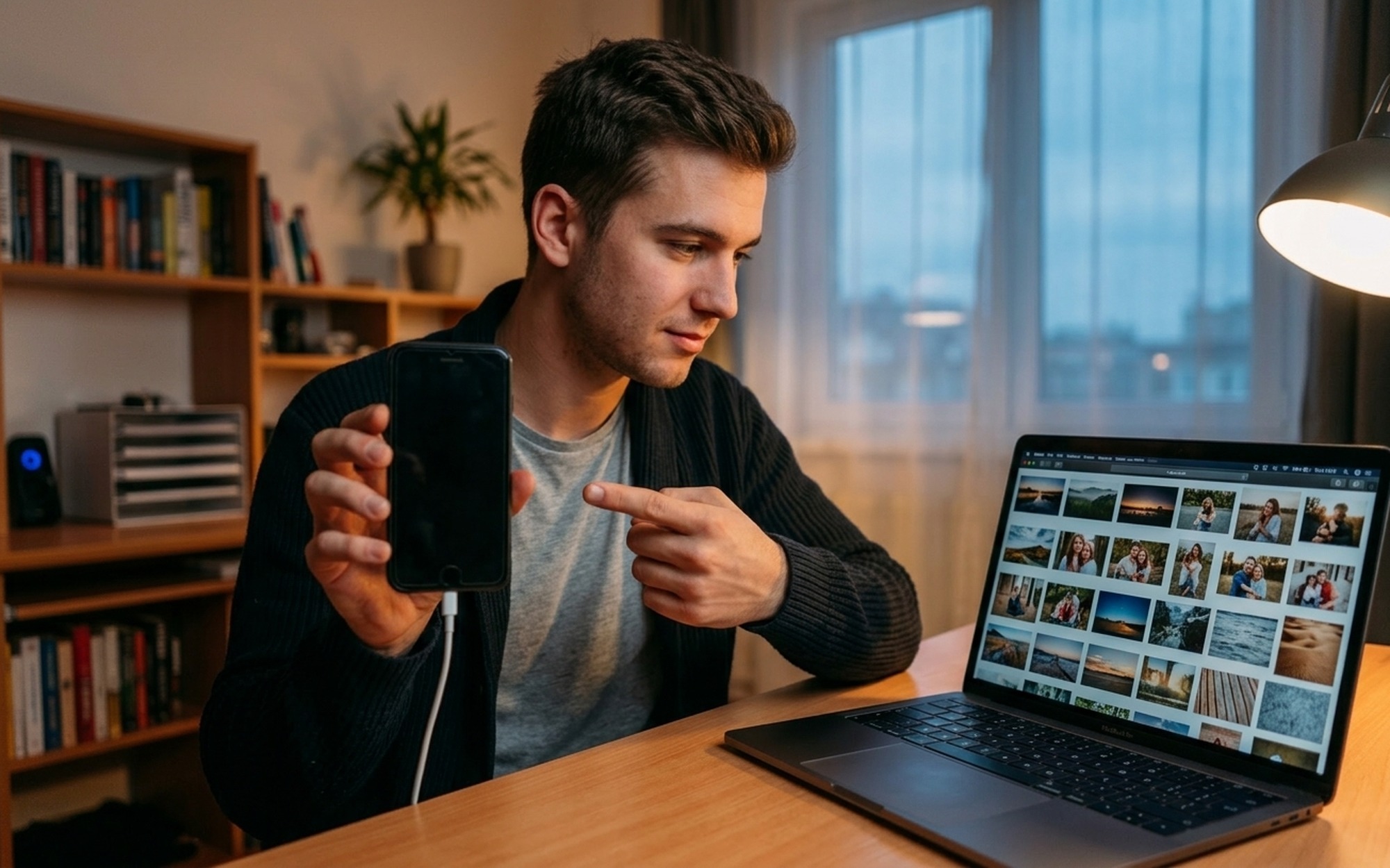Person reviewing recovered iPhone photos and messages on a laptop screen at a modern home office desk