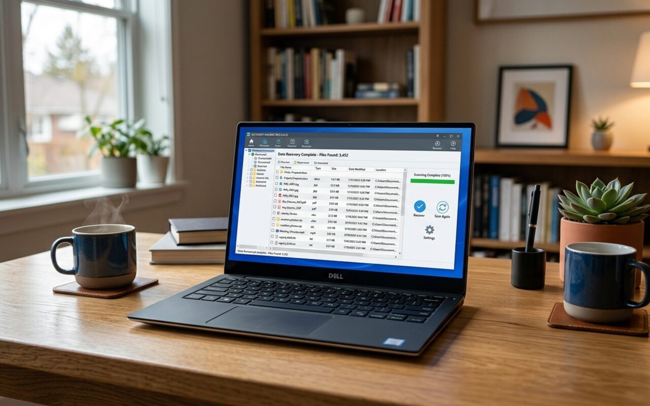 Comparison of best data recovery software 2026 featuring laptop screen showing file recovery interface with recovered documents and photos list on a modern desk setup