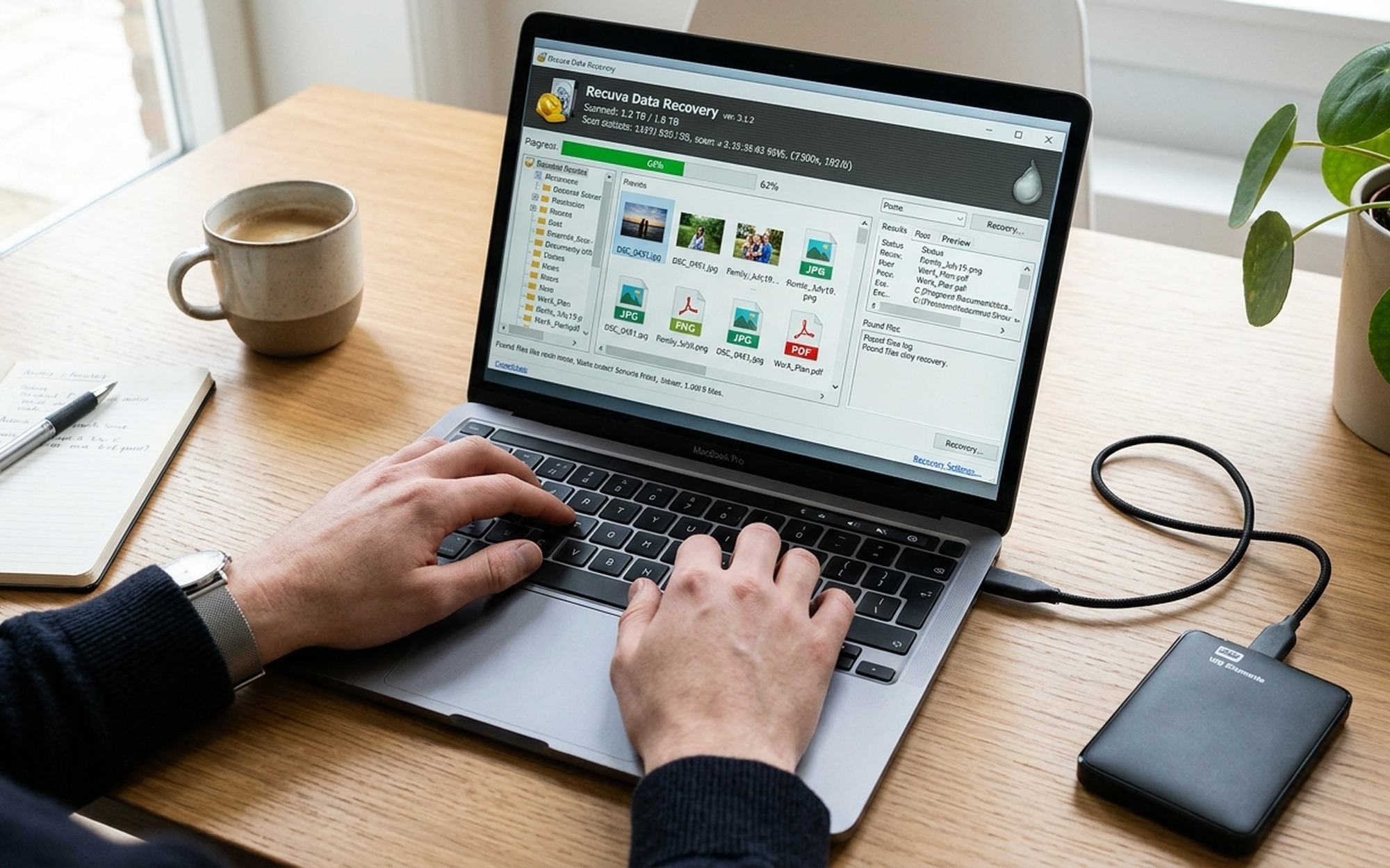 Close-up of hands on keyboard with data recovery software scan progress bar and recovered file previews visible on laptop screen in home office environment